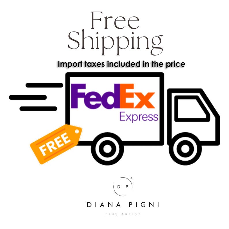 May include: A graphic illustration of a delivery truck featuring the purple and orange FedEx Express logo, with a yellow tag labeled FREE attached to the side, and the text DIANA PIGNI FINE ARTIST positioned at the bottom.