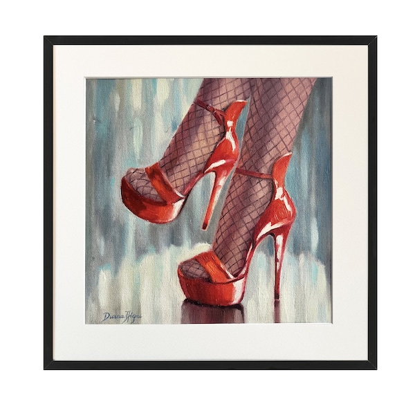 Chaussures rouges, peinture, art original, encadré, escarpins, peinture à l'huile, jambes, pieds, peinte à la main, peinture par DianaPigniArt