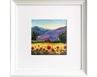 Toscane schilderij Italië originele kunst Poppy bloem ingelijst Impasto olieverfschilderij kleine handgeschilderde oude schuur landschap artwork door DianaPigniArt