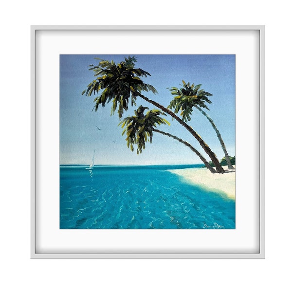 Hawaii Painting Seascape Original Art Framed Beach Oil Painting Hand Painted Ocean Artwork Tropical Beach with Palms Art by DianaPigniArt