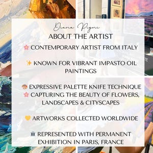 May include: A collage featuring impasto oil paintings with vibrant blue, purple, and yellow hues. Text reads: Diana Pigni, ABOUT THE ARTIST, CONTEMPORARY ARTIST FROM ITALY, KNOWN FOR VIBRANT IMPASTO OIL PAINTINGS, EXPRESSIVE PALETTE KNIFE TECHNIQUE.