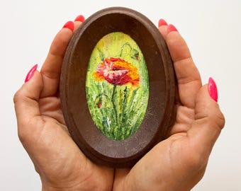 Pintura al óleo de amapola empastada: arte original de flores enmarcadas en un pequeño marco vintage