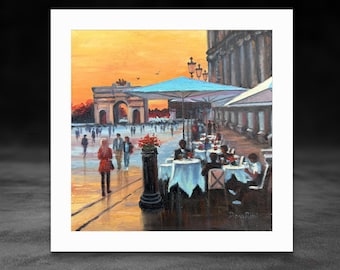 Paris Cafe Marly Oil Painting French Sunset Original Art Hand Painted by DianaPigniArt