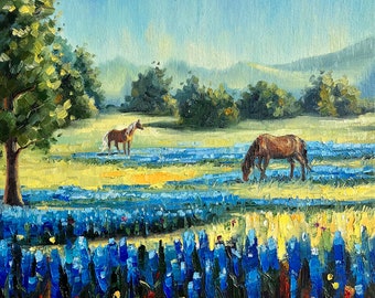Dipinto di Texas Bluebonnet Field: opera d'arte originale sui cavalli, olio su tela impasto