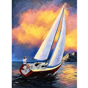 Sailboat Painting Seascape Original Art 32 by 24&quot; Large Boat Impasto Oil Painting California Nautical Wall Art by DianaPigniArt