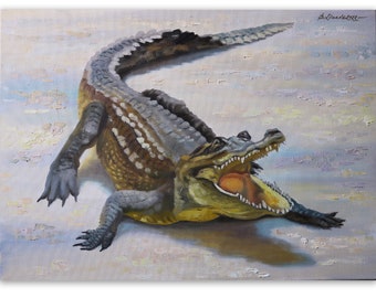 Alligator Malerei Tier Original Kunst Krokodil Handgemaltes Öl Gemälde Impasto 28 x 20 "Florida Everglades Gator Kunst Haustier, DianaPigniArt