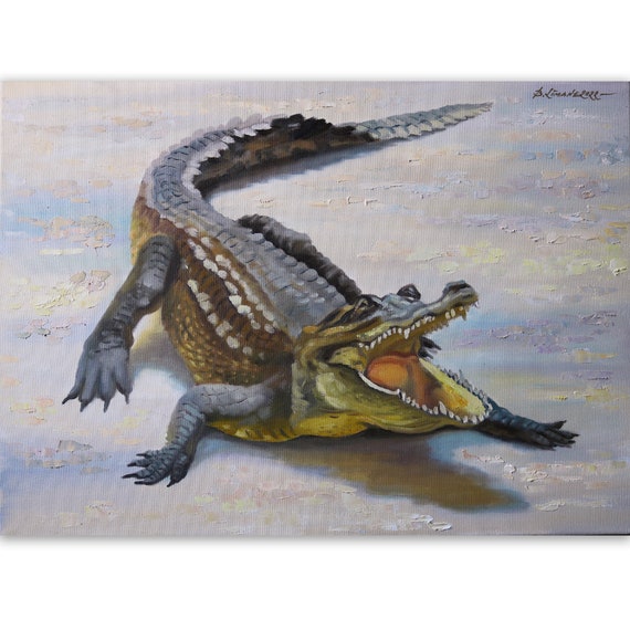 Alligator Painting Animal Original Art Crocodile Hand Painted Etsy