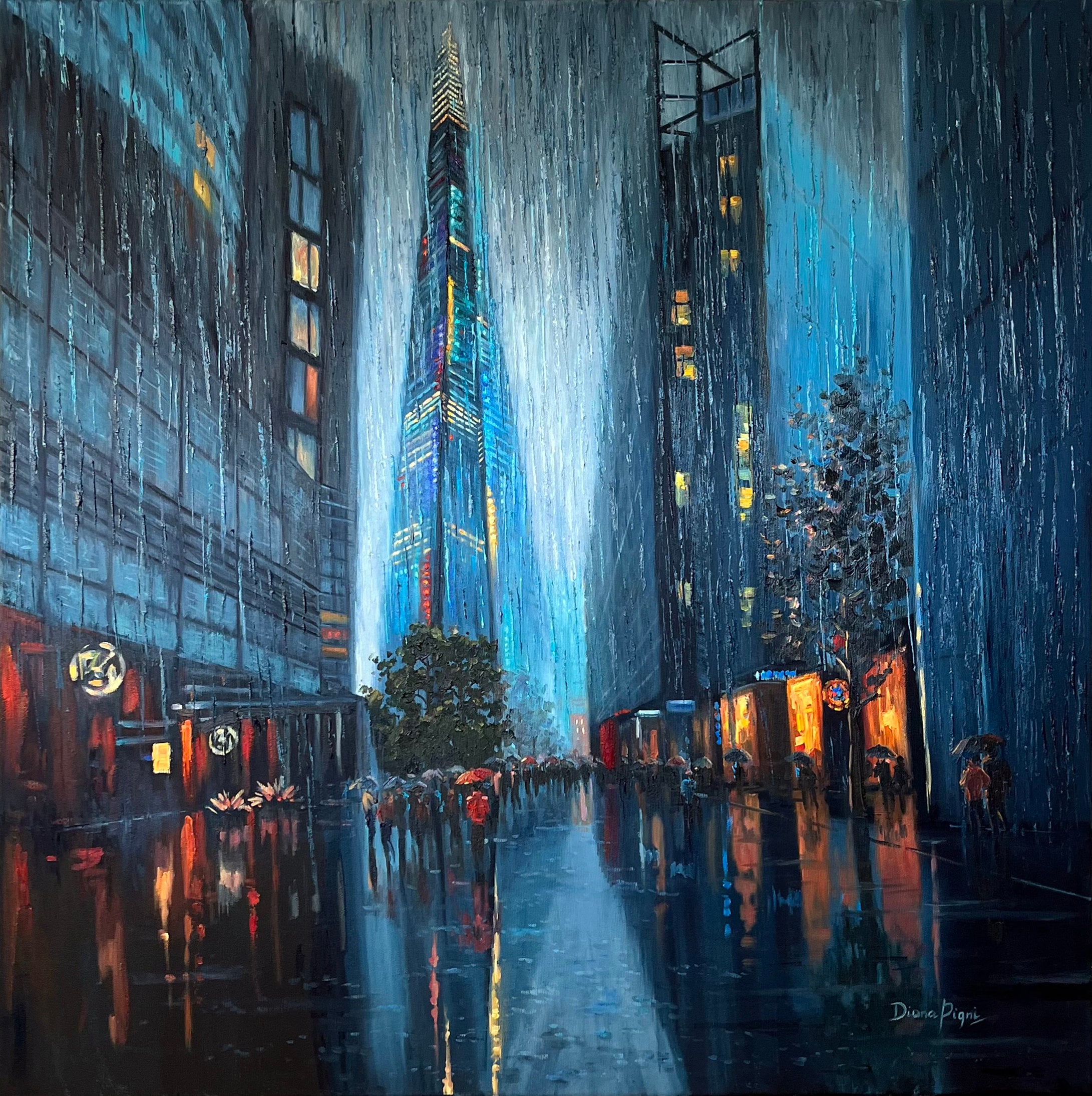 ロンドンの街並みを描いた油絵：サイバーパンクな雨の夜、大判の