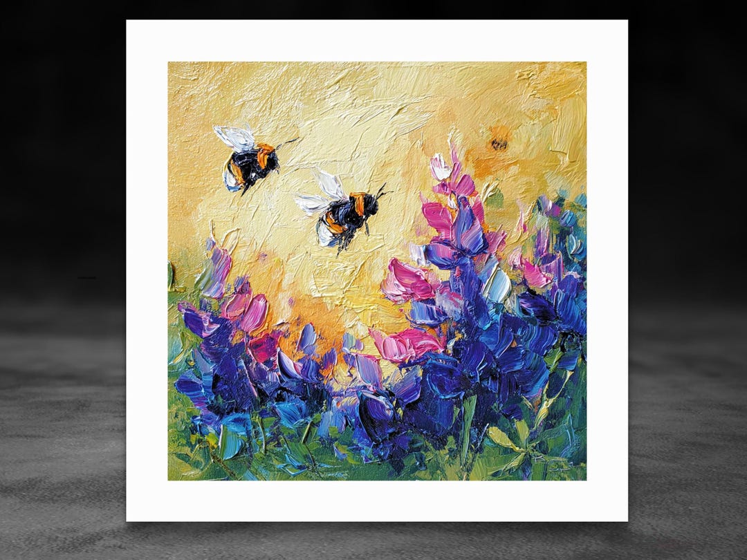 Bee Impasto Oil Painting Bumblebee on Bluebonnet Flower Original Art ...