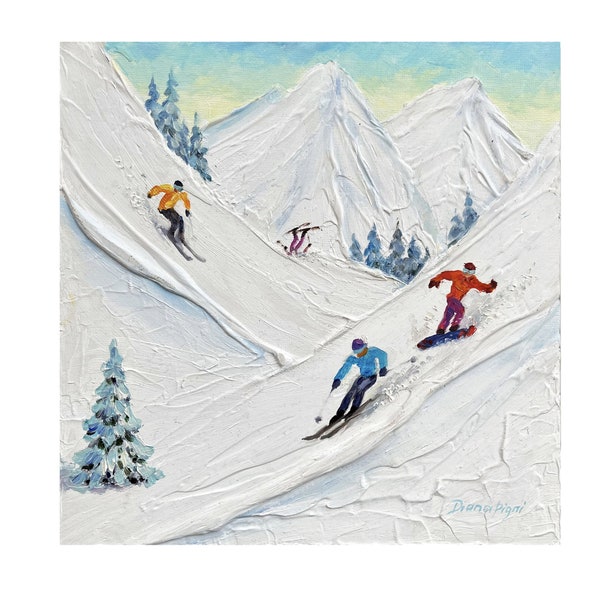 Rocky Mountain Malerei Ski fahren Original Art 10 "Texturierte Ski fahren Handgemalte Skifahrer Impasto Ölgemälde Weihnachtskunst von DianaPigniArt