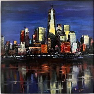 ニューヨークのスカイラインの絵画 都市の風景 オリジナルアート 額入り NYC インパスト油絵 夜の都市風景 都市アート ダイアナピニアート