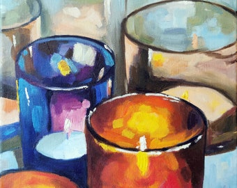Christmas Painting Candle Original Art Winter Holidays Oil Painting Still Life Orange Hand Painted Artwork 12" by DianaPigniArt