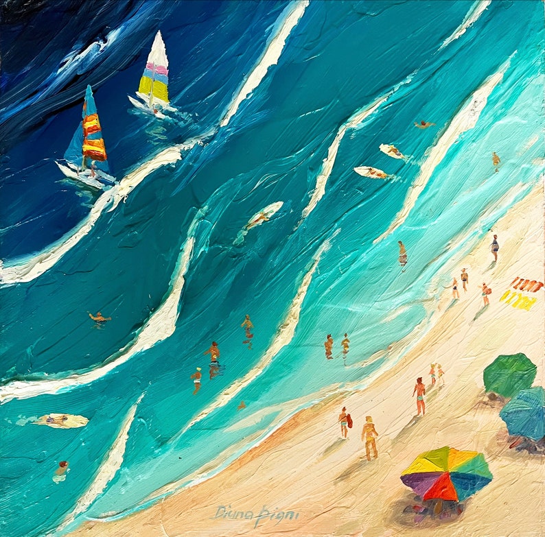 Santa Monica Beach Gemälde Los Angeles Original Kunst Strand Menschen Kalifornien Kleines pastoses Ölgemälde California Dreaming von DianaPigniArt Bild 3