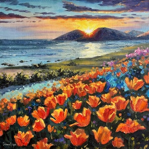Diamond Valley Lake Painting California Poppies Original Art 16&quot; Wildflower Canvas Impasto Oil Painting California Landscape DianaPigniArt