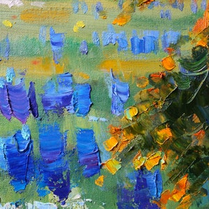 May include: An oil painting on canvas featuring thick, textured impasto brushstrokes. The composition displays vertical blue and purple marks against a green background, with a cluster of dark green and orange strokes on the right side.
