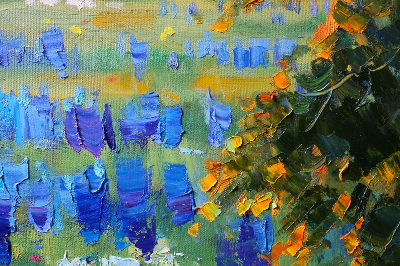 May include: An oil painting on canvas featuring thick, textured impasto brushstrokes. The composition displays vertical blue and purple marks against a green background, with a cluster of dark green and orange strokes on the right side.