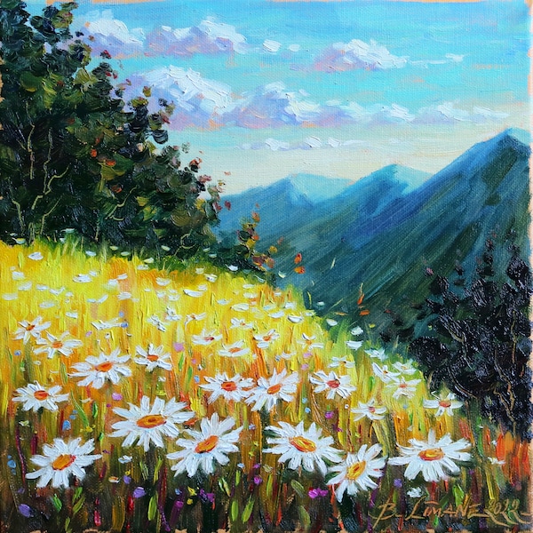 Colorado Painting Daisy Original Art Rocky Mountains Oil Painting Hiking Small Artwork Wildflower Meadow Painting 12 by 12" by DianaPigniArt