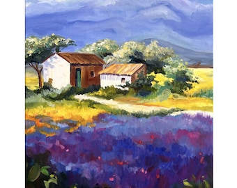 Toskana Malerei Italien Original Art Lavendel Ölgemälde Wiese Scheune Landschaft Hell Handgemalte Kunstwerk 20x16" von DianaPigniArt