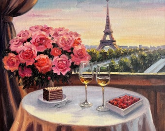 Paris Painting Eiffel Tower Original Art France Art Peony Flower 16" Canvas Oil Painting Wine Glass Artwork Cityscape Art by DianaPigniArt