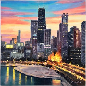 Chicago Painting City Skyline Original Art Framed Chicago downtown Oil Painting on Canvas Art Cityscape Urban Artwork 18&quot; by DianaPigniArt