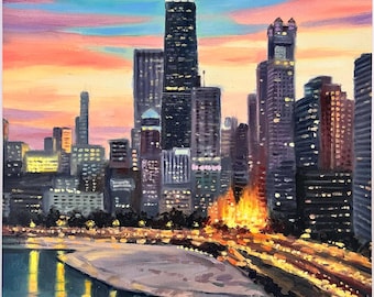 大きな夜の街の抽象画、都会の風景画、特大の街のモダンな壁アート装飾