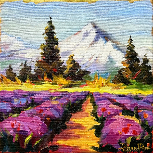 Mount Hood Painting Lavender Original Art Portland Landscape Oregon Oil Painting Impasto Small Artwork 8 by 8" by DianaPigniArt