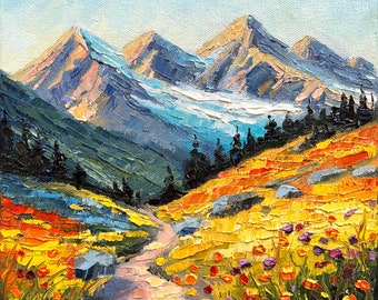 Pintura al óleo de las Montañas Rocosas de Colorado: Paisaje de senderismo, prado de flores silvestres (8x8)