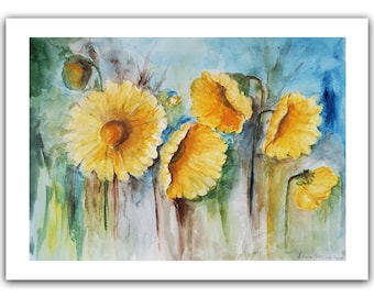 Daisy Painting Floral Original Watercolor Art Calendula Abstract Flower Painting Marigold Hand Painted Artwork 12 by 16" by Laura Pigni