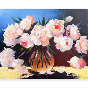 Peony Impasto Oil Painting Floral Original Art Flower Still Life Artwork Pink Peonies in Vase by DianaPigniArt