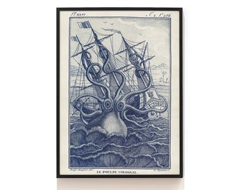 Kraken Octopus Stampa . Man Cave Decor . Arte Nautica . Decorazione della parete costiera. Litografia d'epoca .  Octopus Art Print Nero o Blu SAP-AA0264