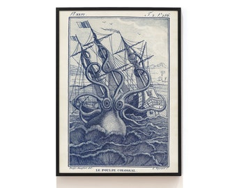 Kraken Octopus Print .Man Cave Decor . Nautical Art . Coastal Wall Decor . Vintage Lithograph .  Octopus Art Print Black or Blue SAP-AA0264