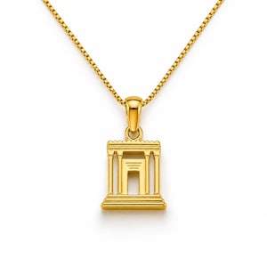 May include: A gold-toned necklace featuring a pendant shaped like a classical temple with columns and a pediment. The pendant hangs from a delicate box chain, showcasing a polished metallic finish and a symmetrical architectural design.