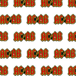 May include: A repeating pattern of the acronym "ACAB" in a red and yellow font, styled to look like a rock band logo. The letters are outlined in yellow and have a lightning bolt in the "A".