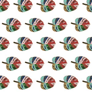 May include: A repeating pattern of colorful monstera leaves with pink, red, green, and blue accents. The leaves are outlined in gold.