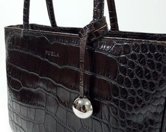 00’s FURLA crocodile leather hand bag 黒 FURLA © Authentic Vintage Women's Bag. Embossed Genuine