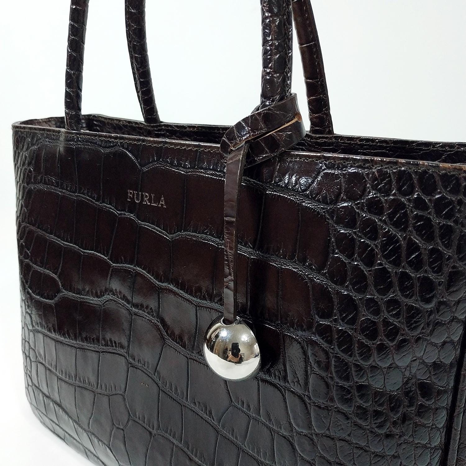 FURLA Black Tote Shoulder Bag A4 Crocodile Embossed Pre
