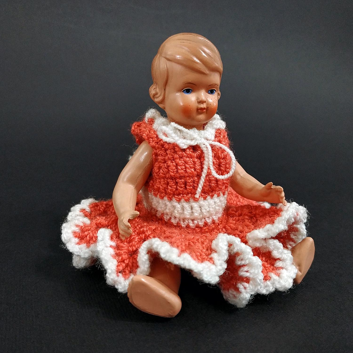 SCHILDKROT © Antique German Celluloid Miniature Doll w. Molded Hair. 5.5". Circa 1952