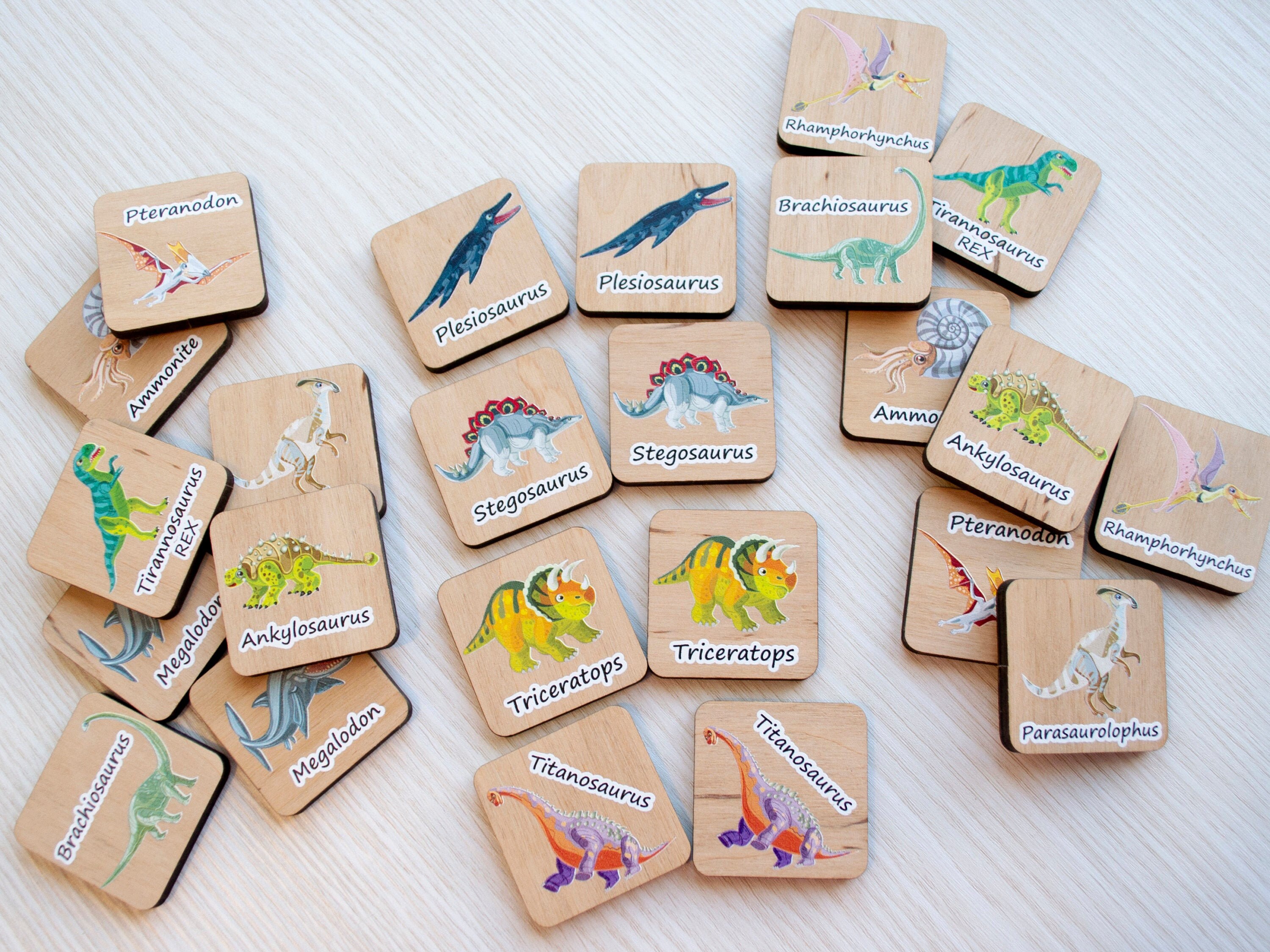 Wooden Memory Game Dinosaur Matching Cards Wood Montessori Etsy