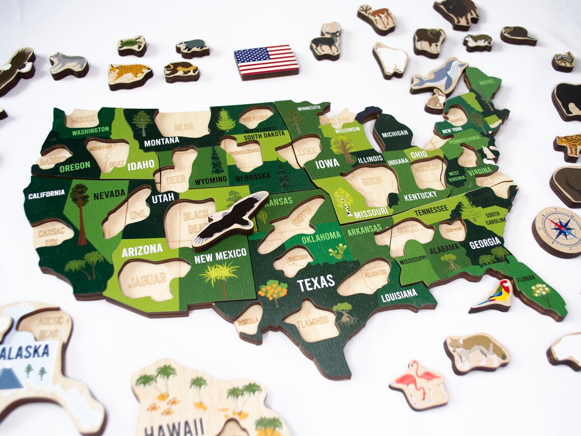 Jigsaw puzzle USA map Wooden Puzzle Wood map United States Etsy