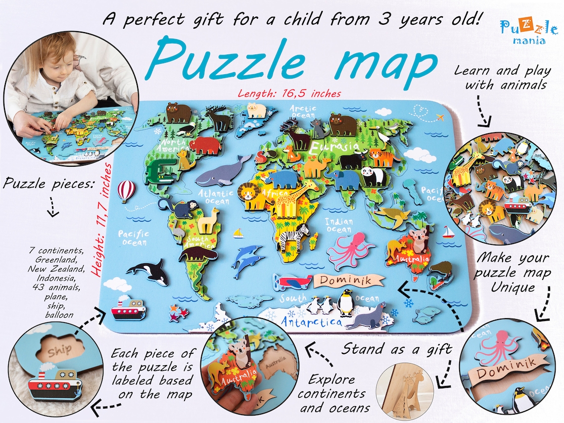 Wooden Kids Puzzle World Map Puzzle Montessori Toys | Etsy