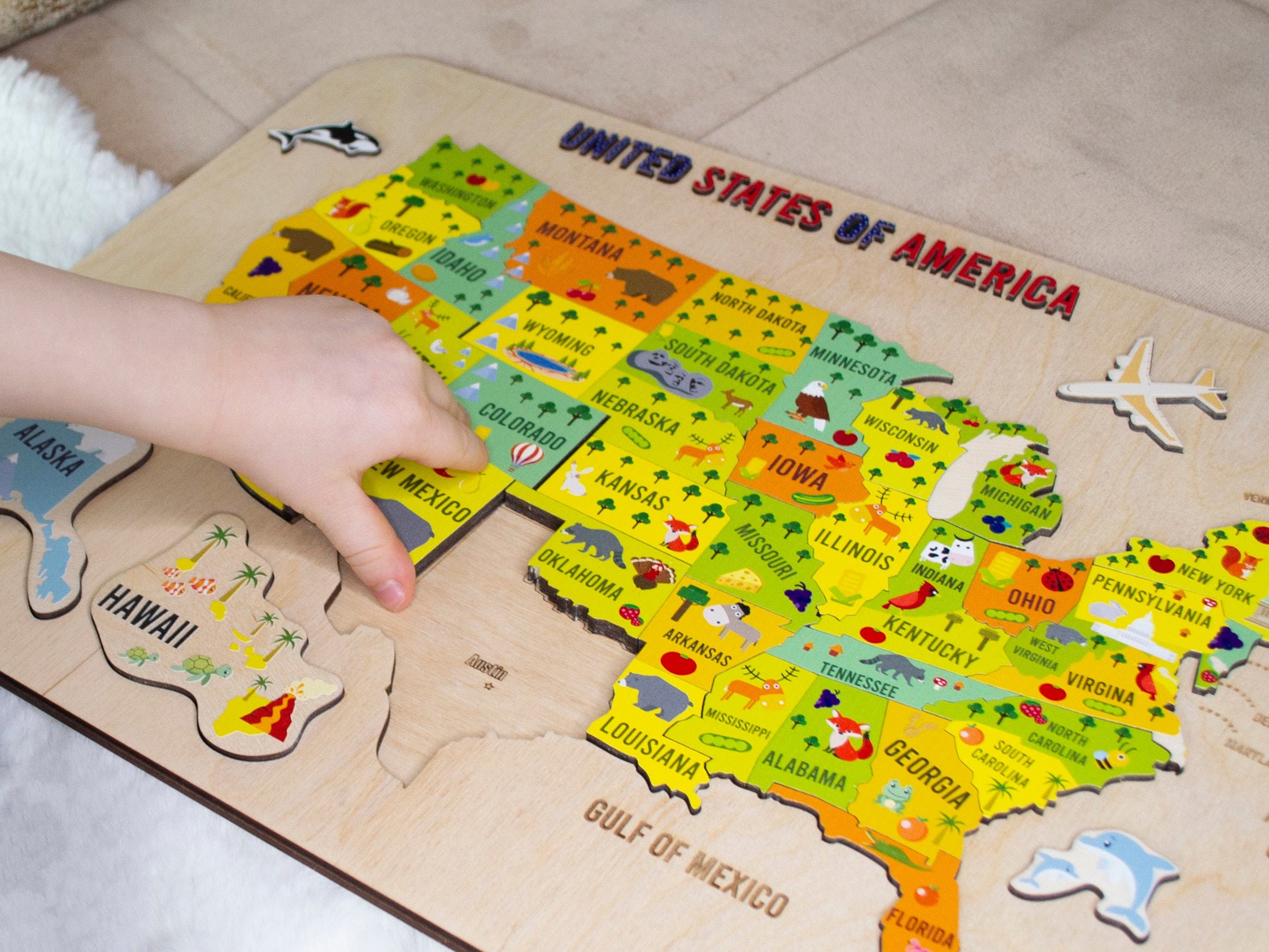 USA Map Puzzle Wooden Puzzle for Kids Montessori Toy Etsy