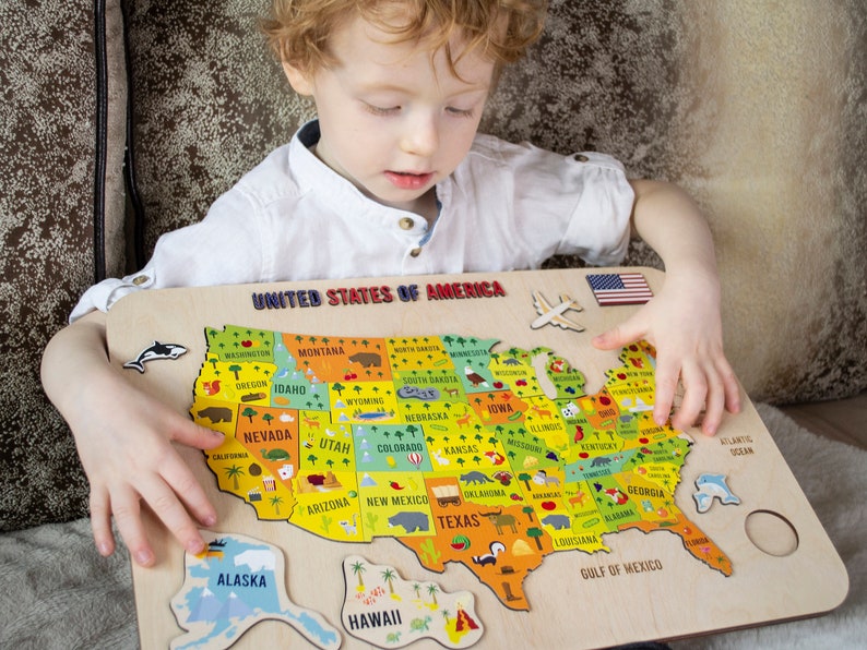Wooden US Map Puzzle for Kids Montessori Toys Educational Etsy