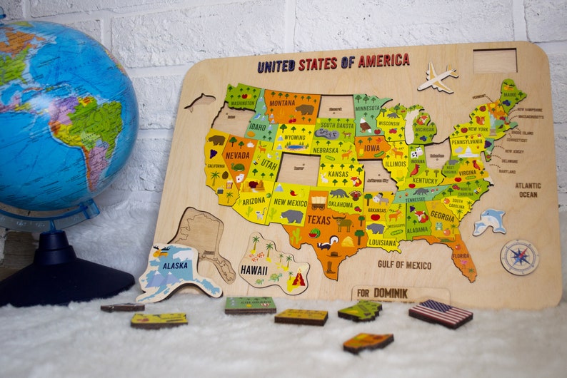 Wooden US Map Puzzle for Kids Montessori Toys Educational Etsy