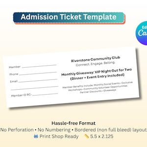 Puede incluir: Una plantilla de boleto de admisi&oacute;n blanca con el texto "Admission Ticket Template" en la parte superior. El boleto incluye campos para la informaci&oacute;n del miembro y detalles sobre una Noche VIP para dos. El boleto mide 14 x 5,4 cm.