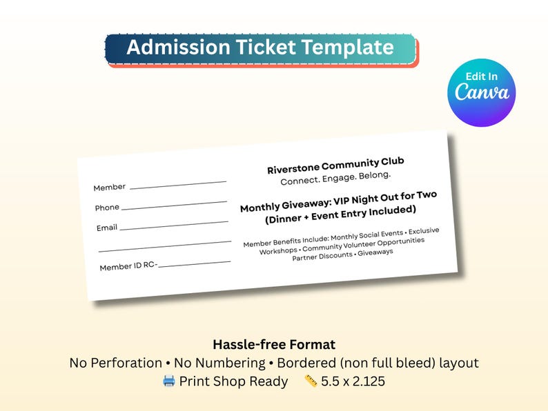 Puede incluir: Una plantilla de boleto de admisi&oacute;n blanca con el texto "Admission Ticket Template" en la parte superior. El boleto incluye campos para la informaci&oacute;n del miembro y detalles sobre una Noche VIP para dos. El boleto mide 14 x 5,4 cm.