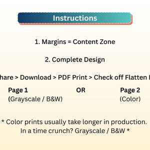 Puede incluir: Un gr&aacute;fico digital con instrucciones para un proceso de dise&ntilde;o. El texto incluye pasos para m&aacute;rgenes, finalizaci&oacute;n del dise&ntilde;o e impresi&oacute;n PDF. Se proporcionan opciones para impresiones en escala de grises o en color, con una nota sobre el tiempo de producci&oacute;n.