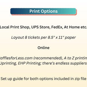 Puede incluir: Imagen que detalla las opciones de impresi&oacute;n de boletos. Incluye imprentas locales, UPS Store, FedEx e impresi&oacute;n en casa. El dise&ntilde;o es de 8 boletos por papel de 21,6 cm x 27,9 cm. Las opciones en l&iacute;nea incluyen RafflesforLess.com, A to Z printing, Uprinting y EHP Printing.