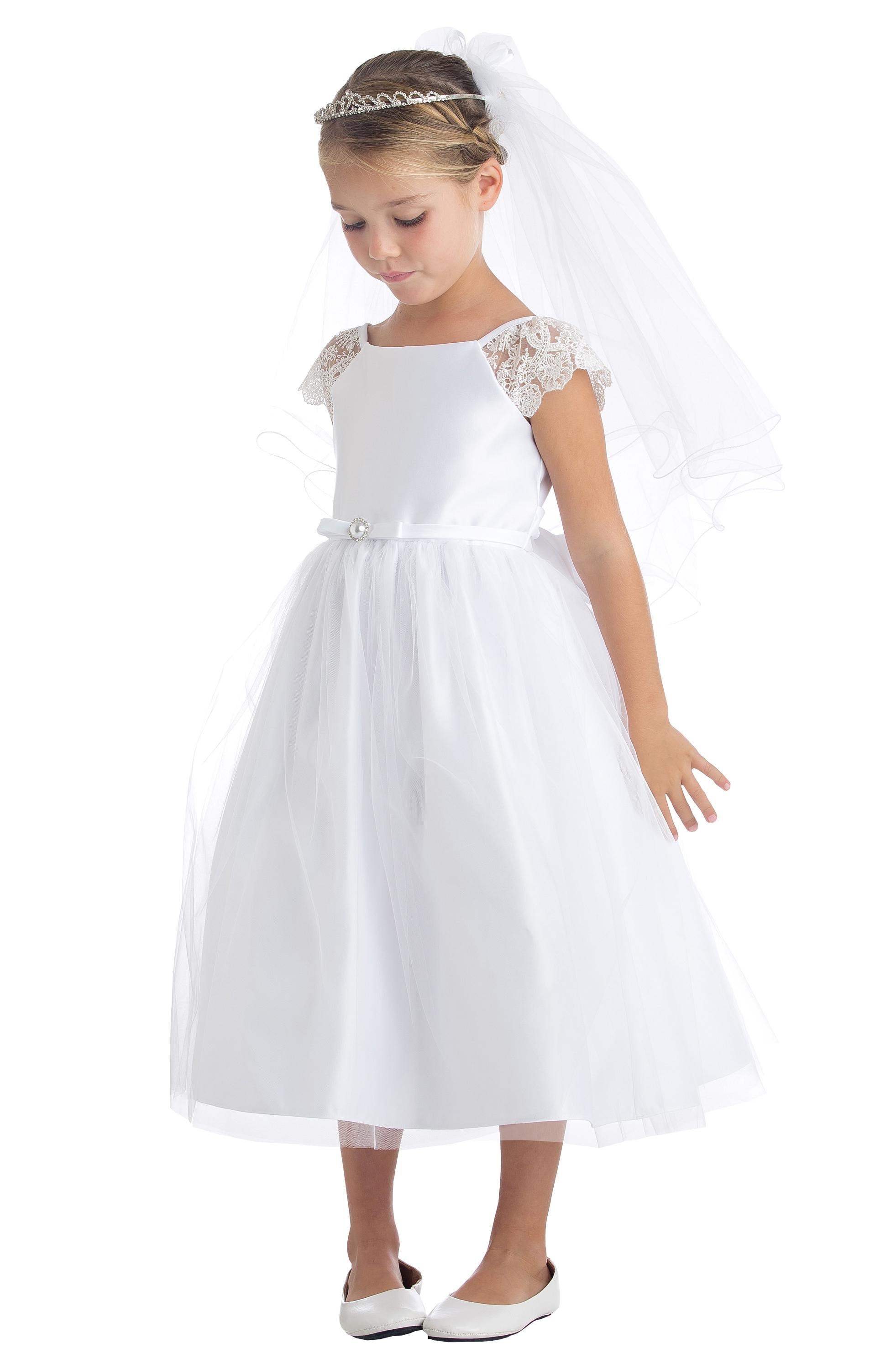 White First Communion Dress - Lace Cap Sleeve, Tulle Skirt (Made in USA)