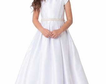 White Satin First Communion Flower Girl Dress - Cap Sleeve Made in USA