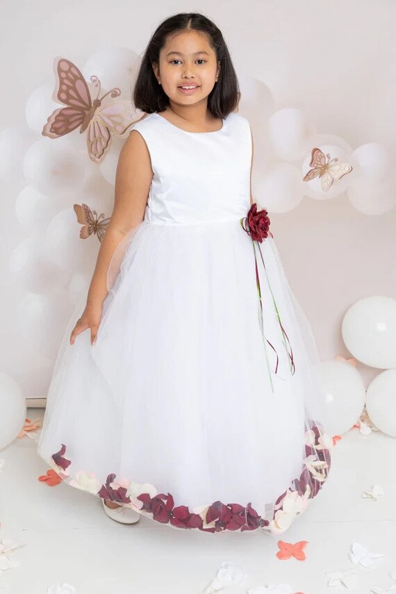 Elegant Ivory Satin Bodice With Floating Flower Petals Inside the Skirt White Girls Flower Girl Dress Flower Petal Dress for Girl Etsy
